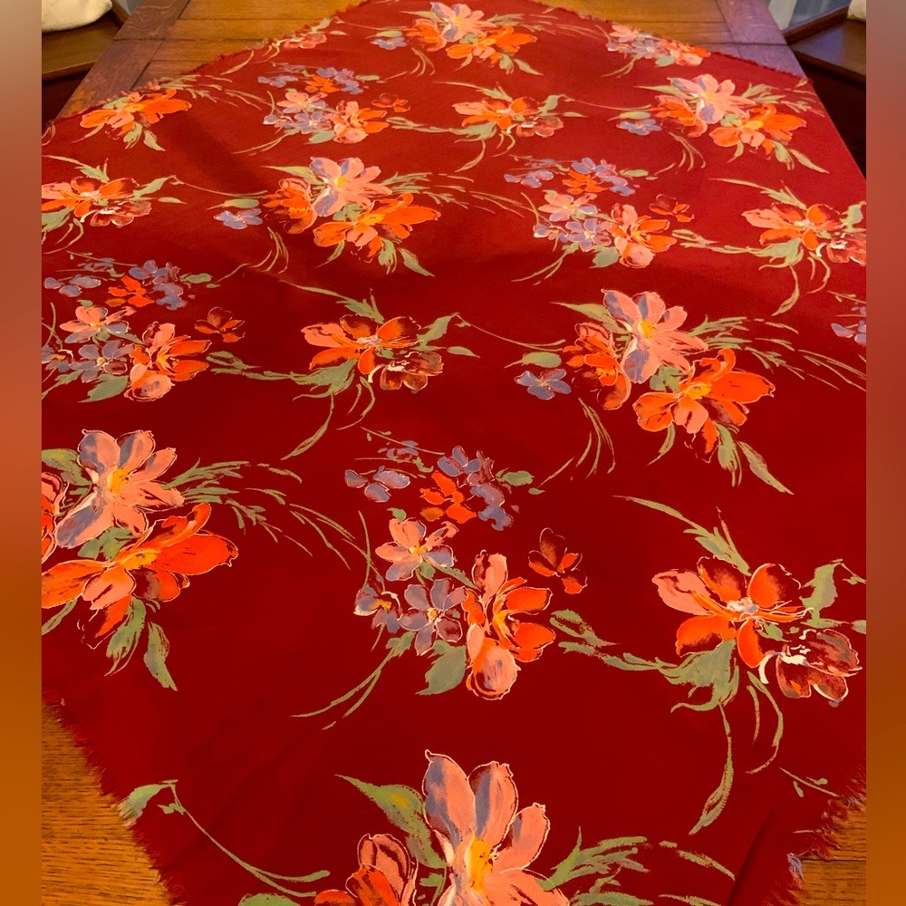Vintage Table Cloth Burgundy Pink Blue & Orange Approximately 42” x 43”